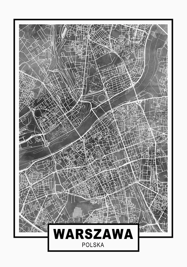 Warszawa plakat z planem miasta na ciemno szarym tle