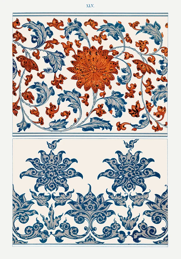 Ilustracja kwiatowa, chiński ornament