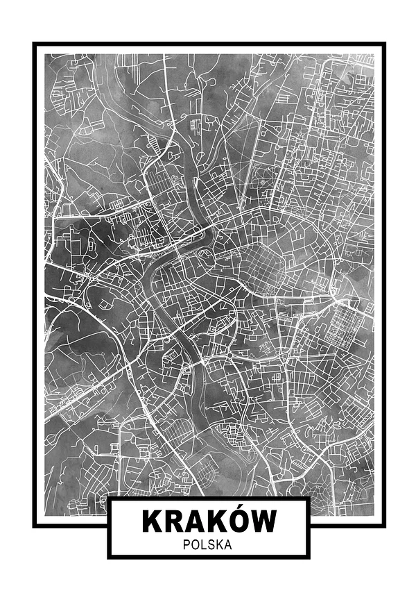 Kraków plakat z planem miasta na ciemno szarym tle 