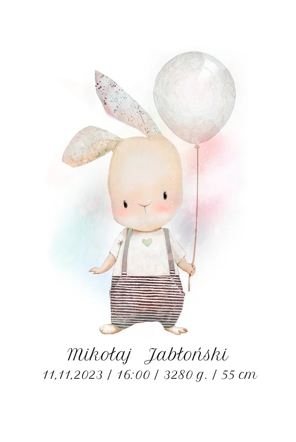 Metryczka - pastelowy króliczek z balonikiem